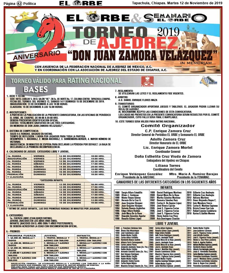 Convocatorio de  Torneo de Ajedrez “Don Juan Zamora Velázquez”