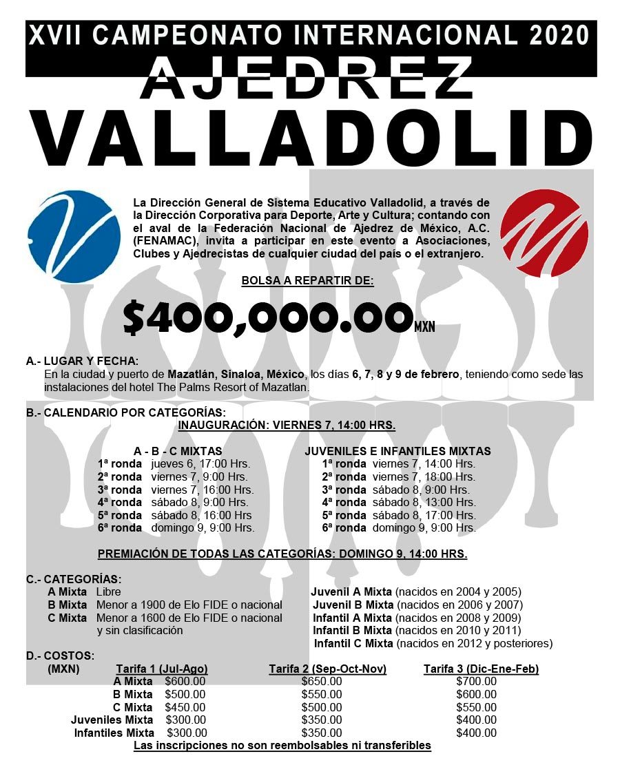 Convocatorio de  XVII Campeonato Internacional de Ajedrez  Valladolid 2020