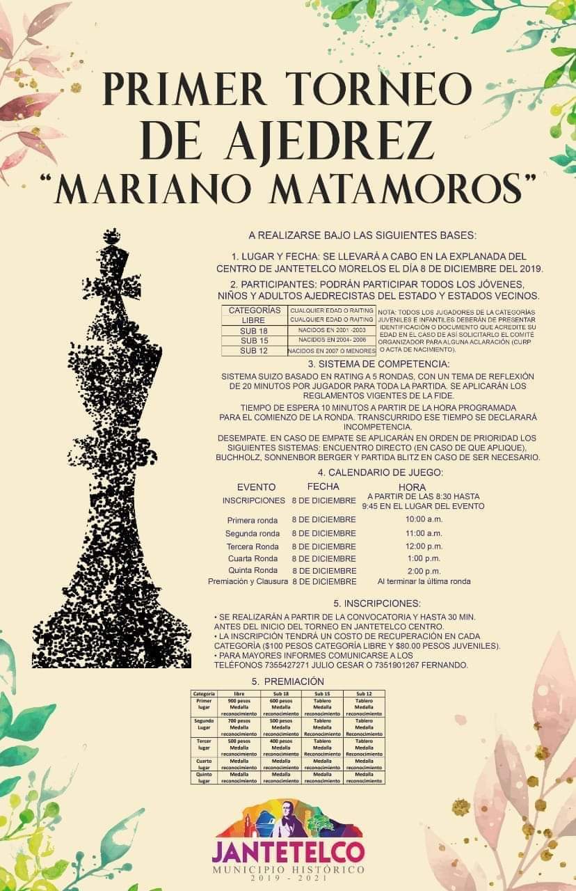 Convocatorio de  Primer Torneo de Ajedrez “Mariano Matamoros”