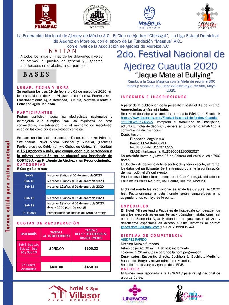 Convocatorio de  Segundo Festival de Ajedrez Cuautla 2020 “Jaque Mate al Bullying”