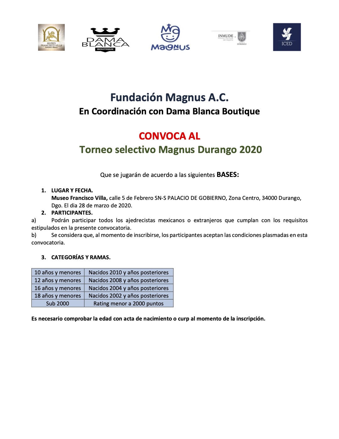 Convocatorio de  Torneo selectivo Magnus Durango 2020