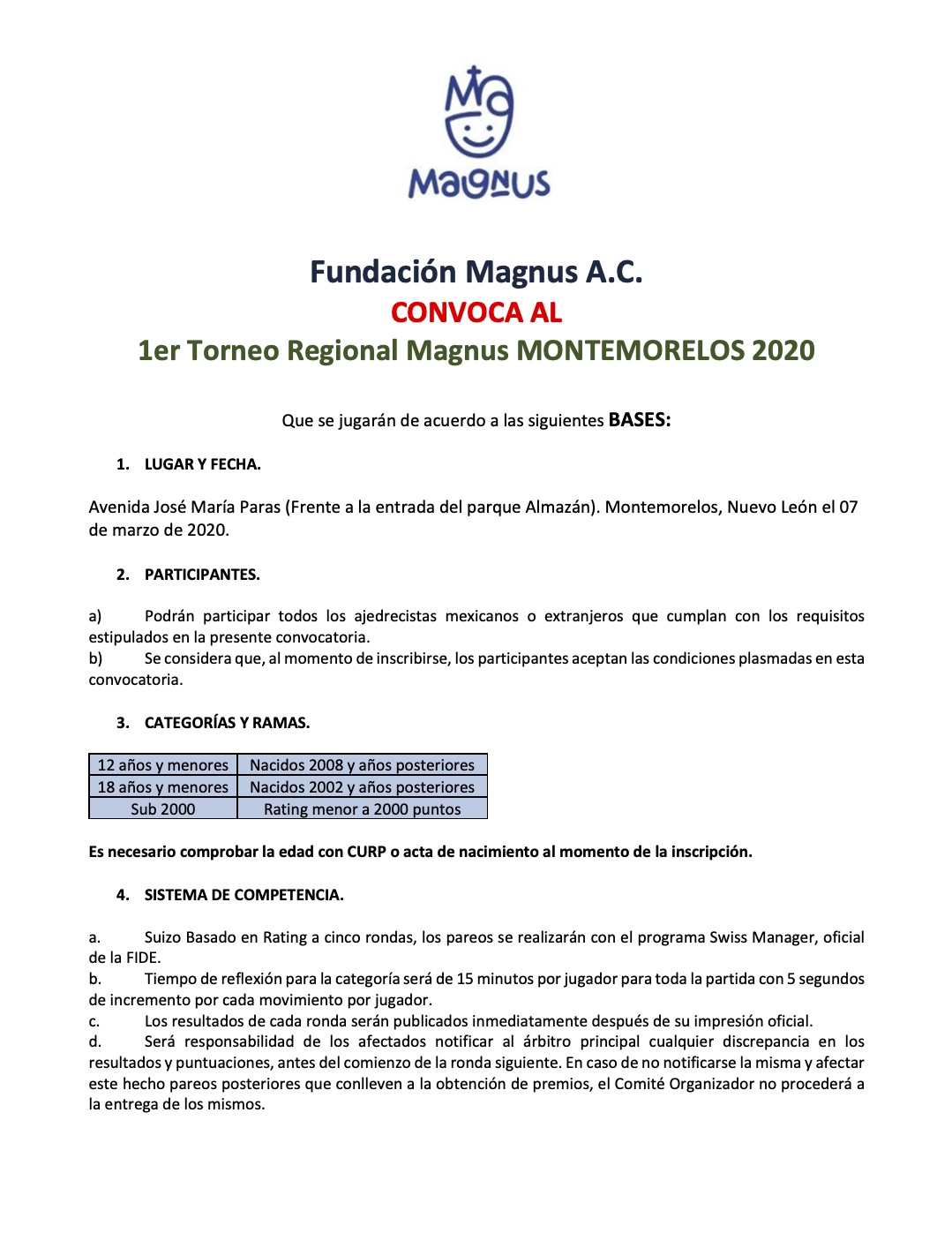 Convocatorio de  1er Torneo Regional Magnus Montemorelos 2020