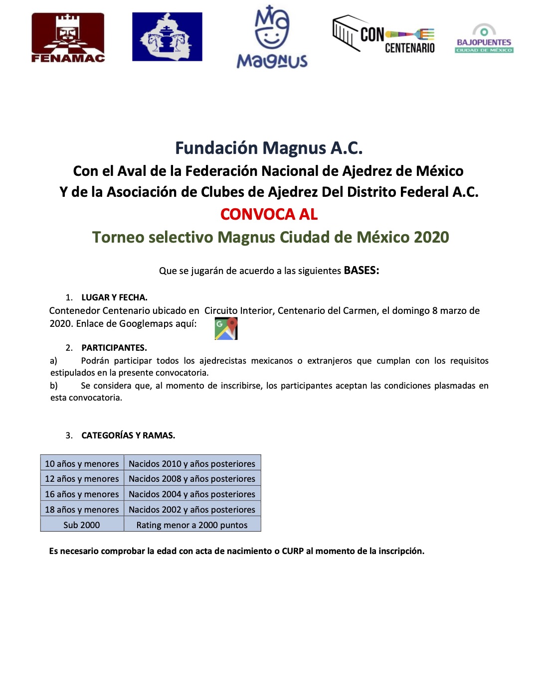 Convocatorio de  Torneo selectivo Magnus Ciudad de México 2020