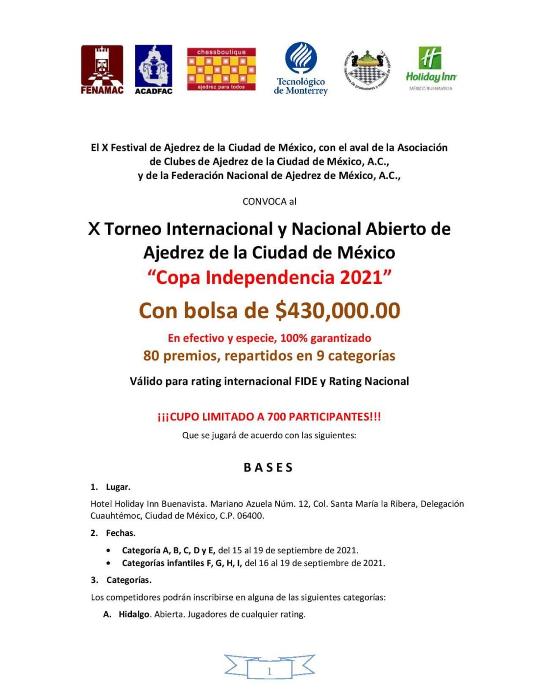 Convocatorio de  X Torneo Internacional Y Nacional Abierto De Ajedrez De La Ciudad De Mexico “copa Independencia 2021”
