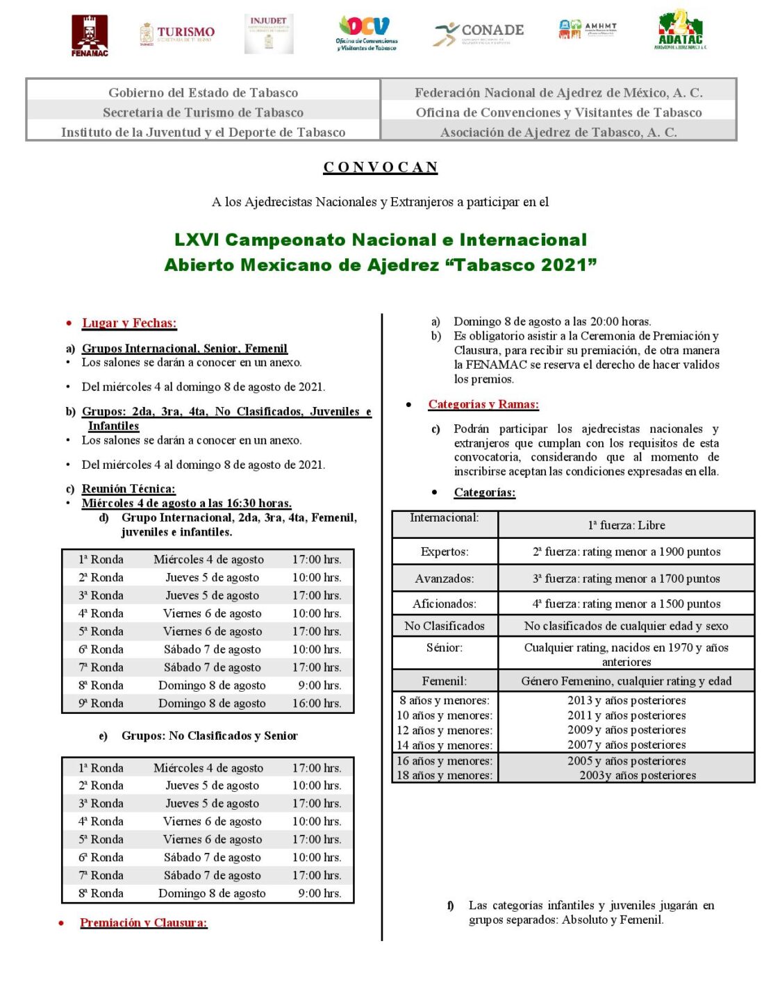 Convocatorio de  LXVI Campeonato Nacional e Internacional Abierto Mexicano de Ajedrez “Tabasco 2021”