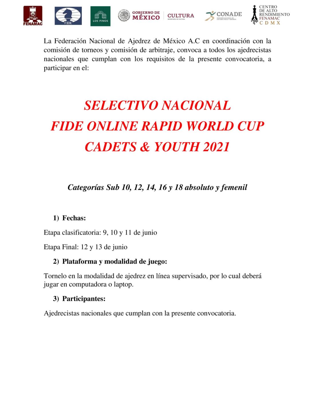 Convocatorio de  Selectivo Nacional FIDE Online Rapid World Cup Cadets and Youth 2021