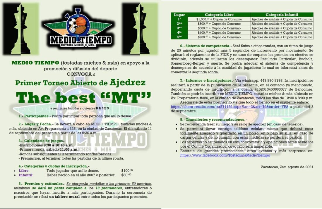 Convocatorio de  Primer Torneo Abierto de Ajedrez The Best “MT”
