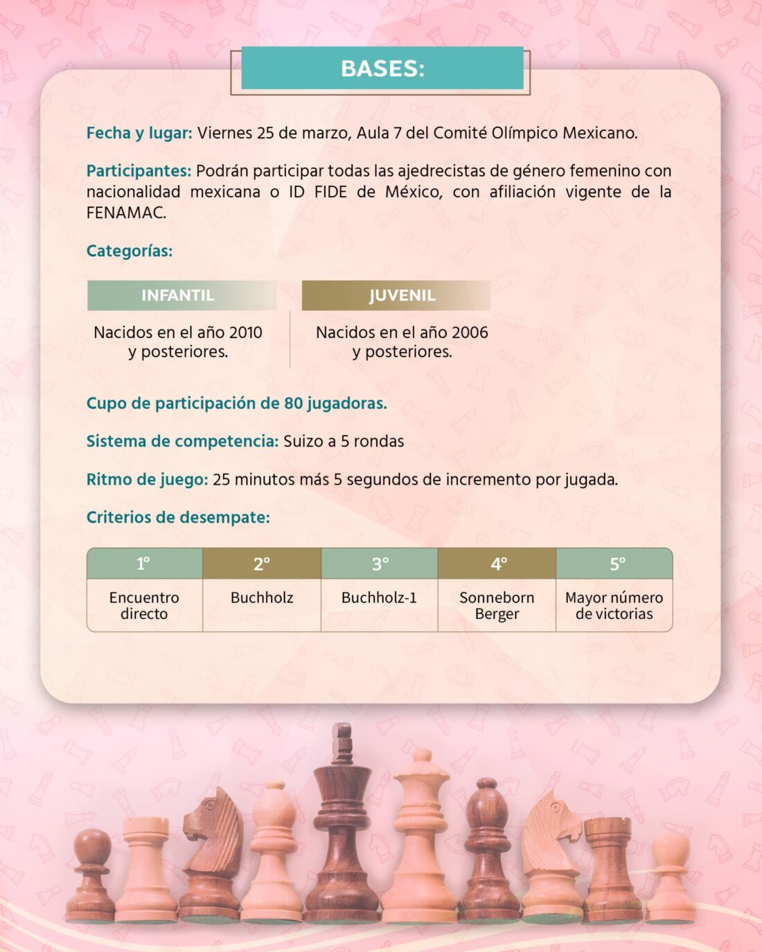 Convocatorio de  Torneo Infantil y Juvenil Femenil de Ajedrez Rápido