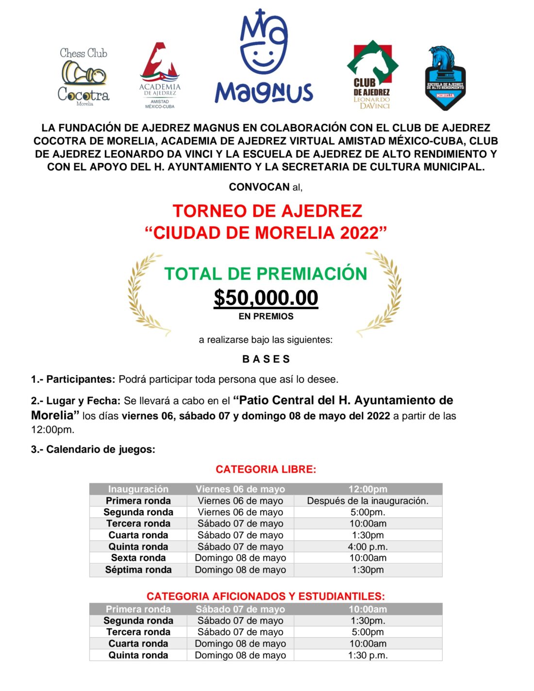 Convocatorio de  Torneo de Ajedrez “Ciudad de Morelia 2022”