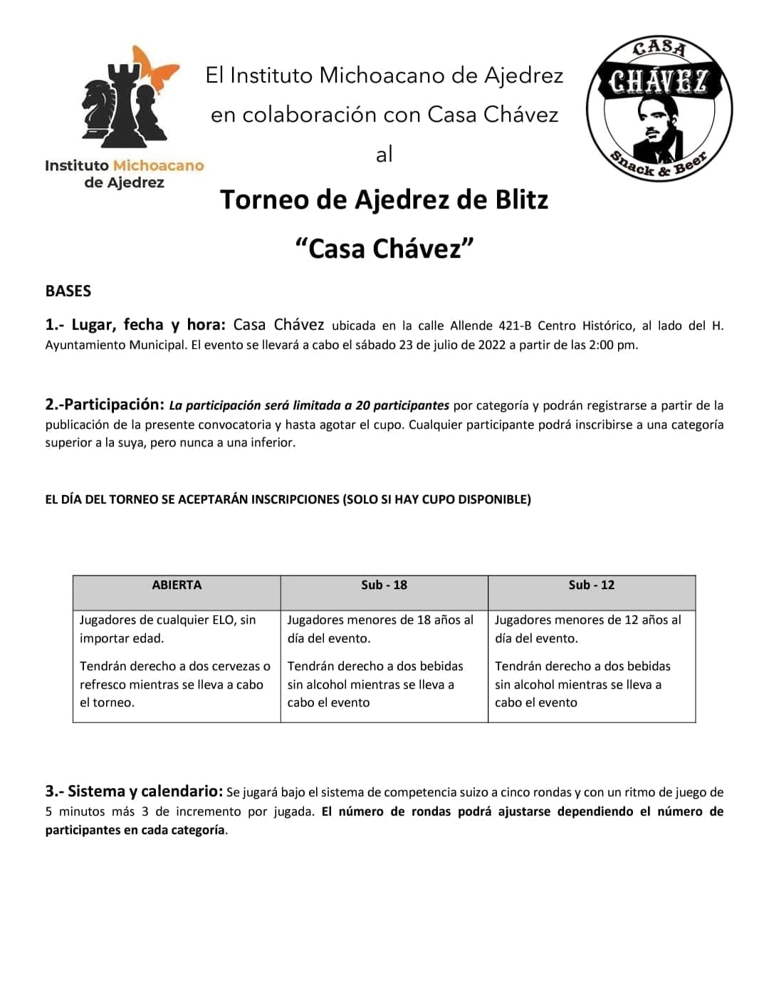 Convocatorio de  Torneo de Ajedrez de Blitz “Casa Chávez”