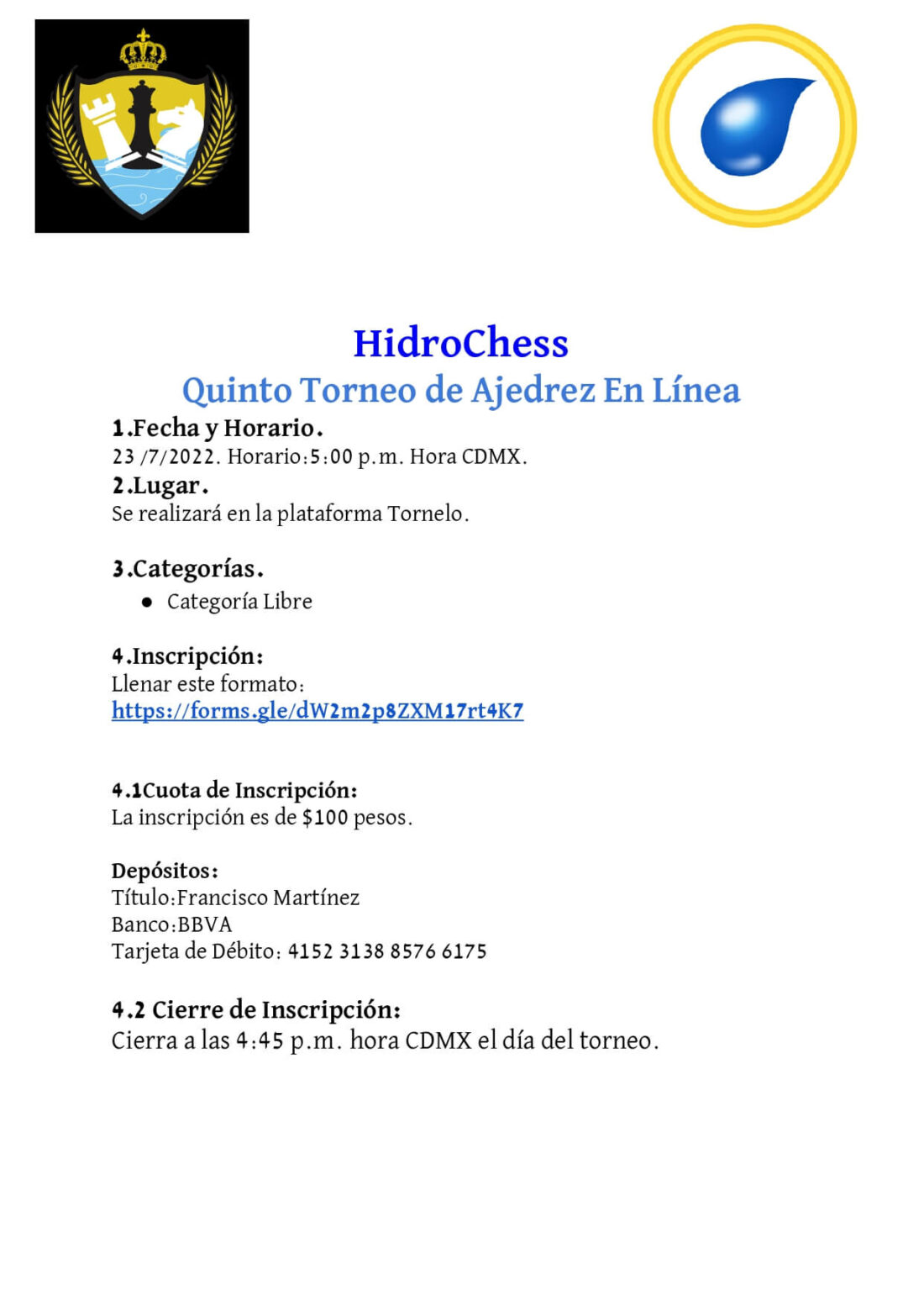 Convocatorio de  HidroChess Quinto Torneo de Ajedrez en Línea