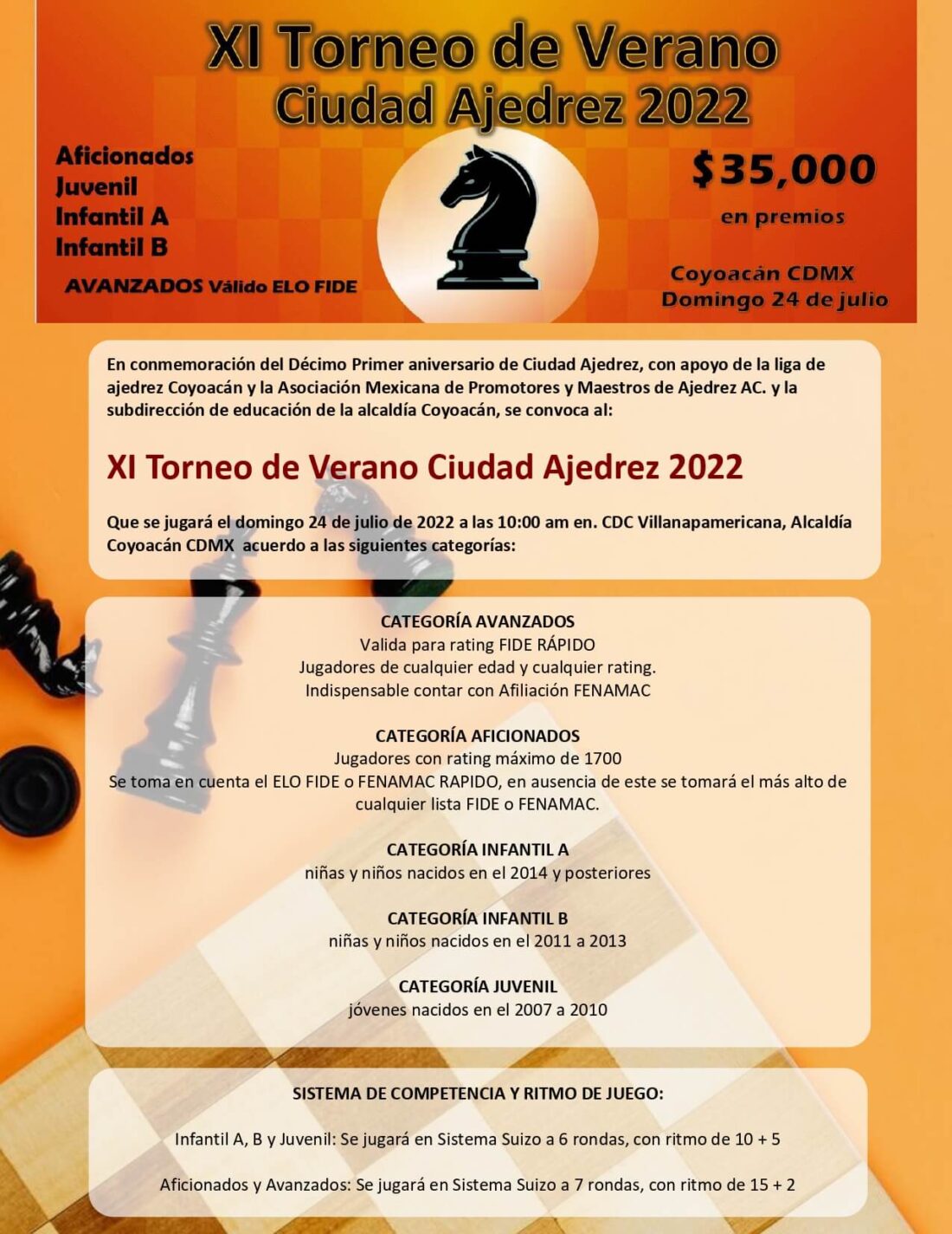 Convocatorio de  XI Torneo de Verano Ciudad Ajedrez 2022
