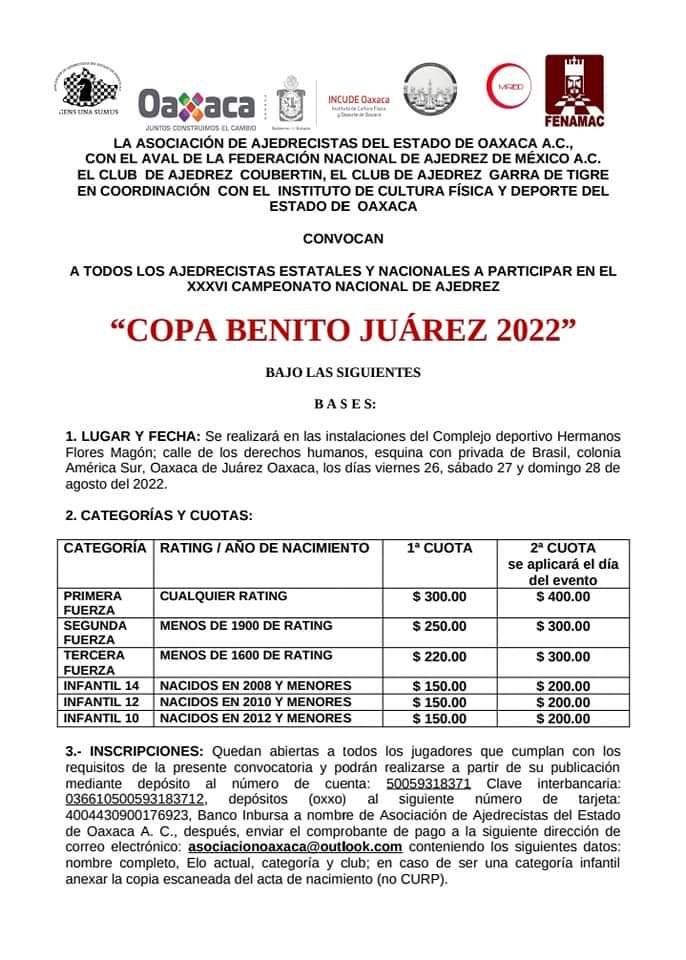 Convocatorio de  Copa Benito Juárez 2022