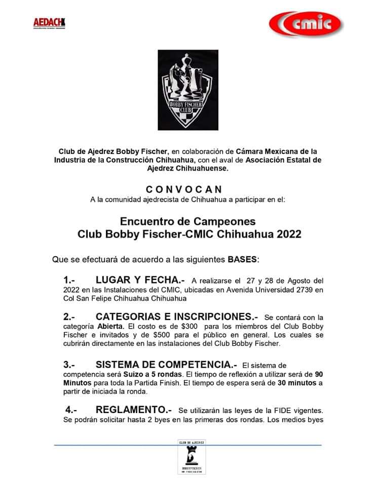 Convocatorio de  Encuentro de Campeones Club Bobby Fisher-CMIC Chihuahua 2022
