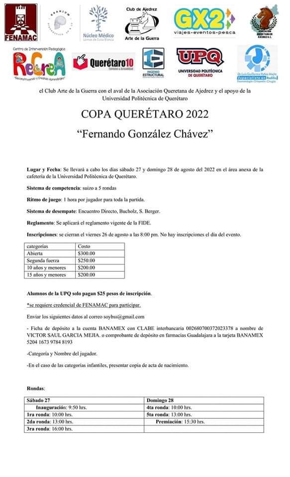 Convocatorio de  Copa Querétaro 2022 “Fernando González Chávez”