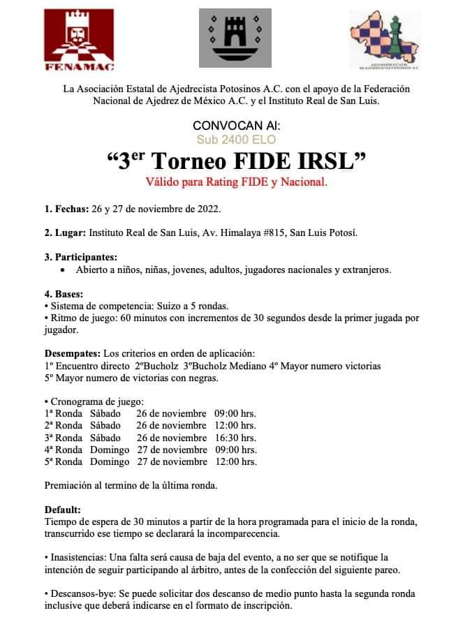 Convocatorio de  3er Torneo FIDE IRSL