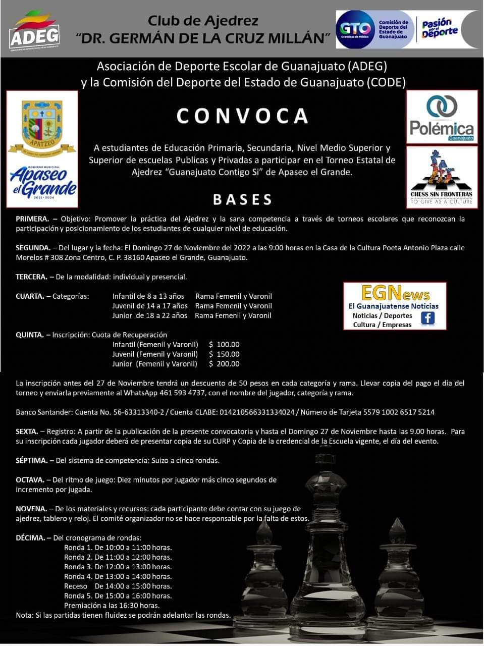 Convocatorio de  Torneo de Ajedrez “La Cuna del Ajedrez del Estado de Guanajuato”