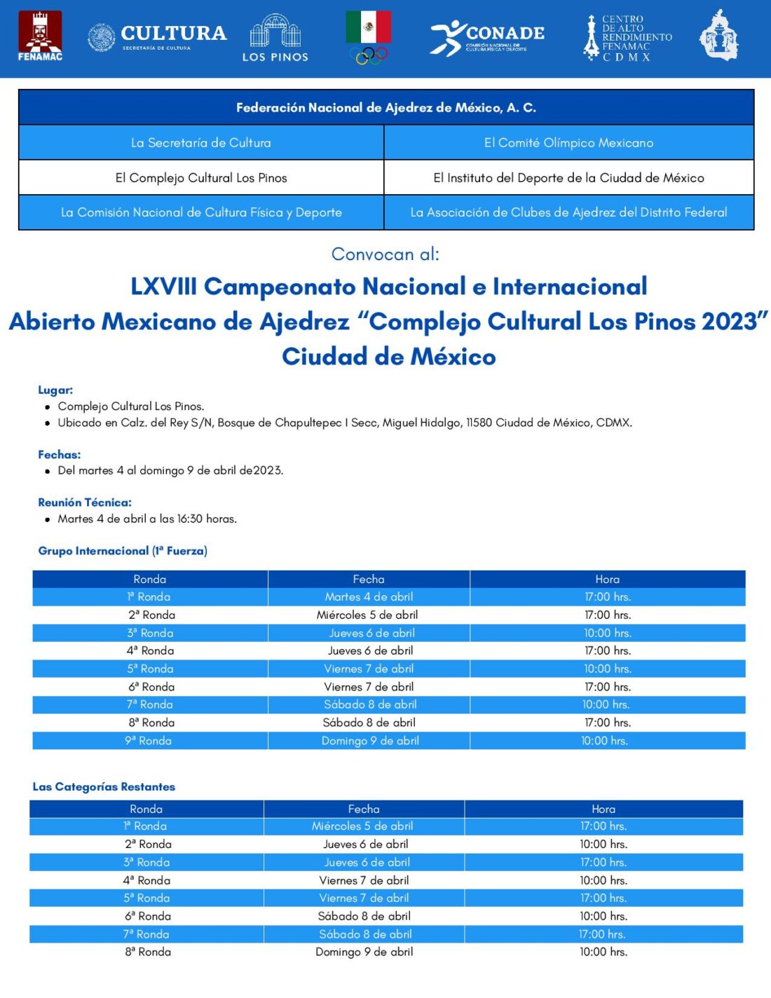 Convocatorio de  LXVIII Campeonato Nacional e Internacional Abierto Mexicano de Ajedrez “Complejo Cultural Los Pinos 2023” Ciudad de México