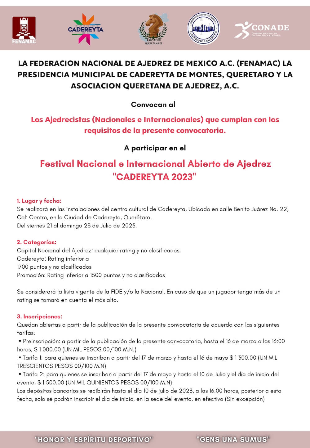 Convocatorio de  Festival Nacional e Internacional Abierto de Ajedrez “CADEREYTA 2023”