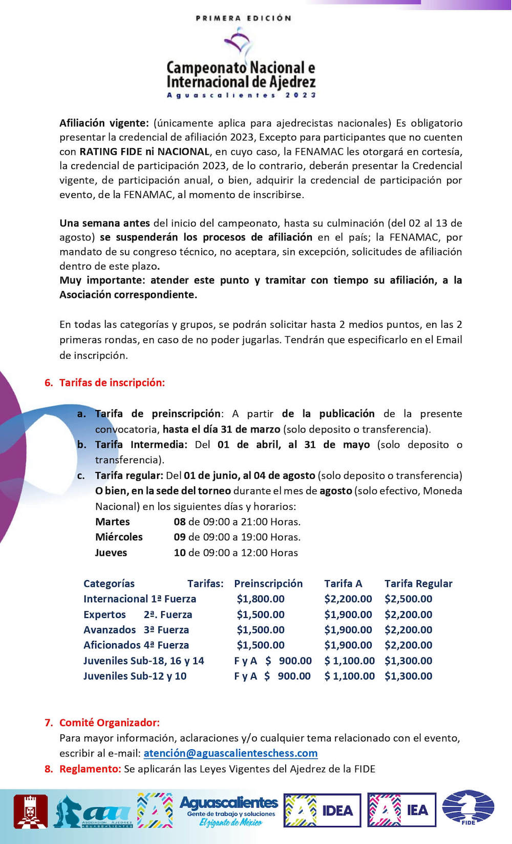 Convocatorio de  Campeonato Nacional e Internacional de Ajedrez Aguascalientes 2023