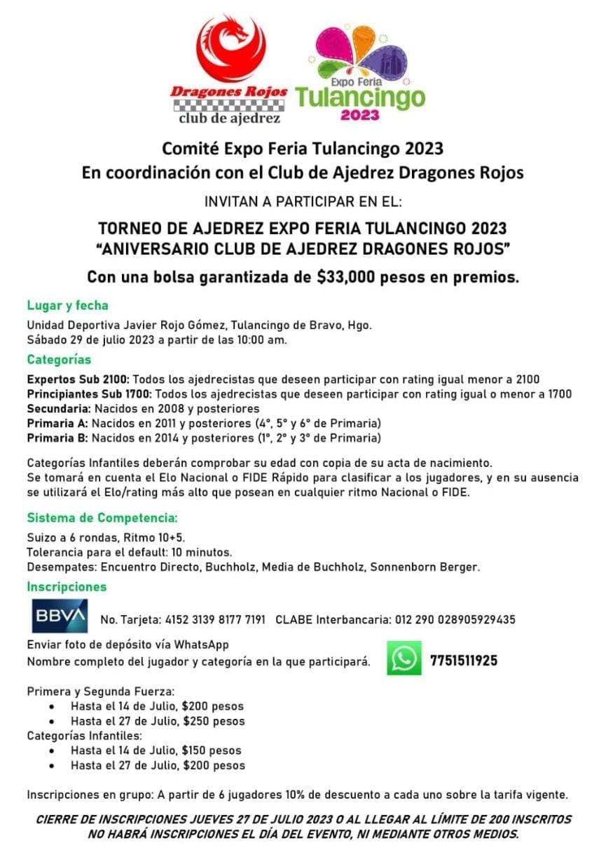 Convocatorio de  Torneo de Ajedrez Expo Feria Tulancingo 2023 “Aniversario Club de Ajedrez Dragones Rojos”