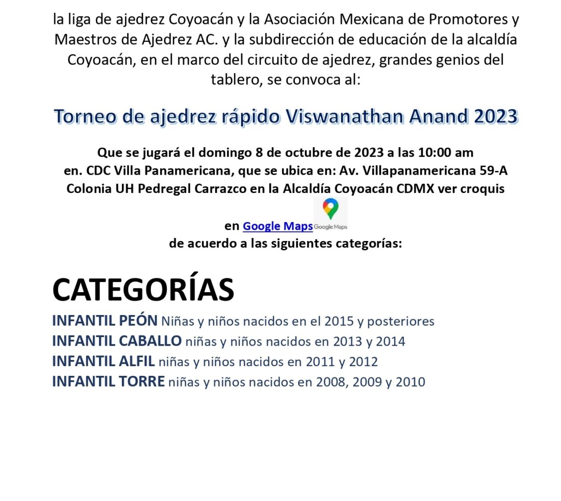 Convocatorio de  Torneo de Ajedrez Abierto en Coyoacán “Viswanathan Anand”