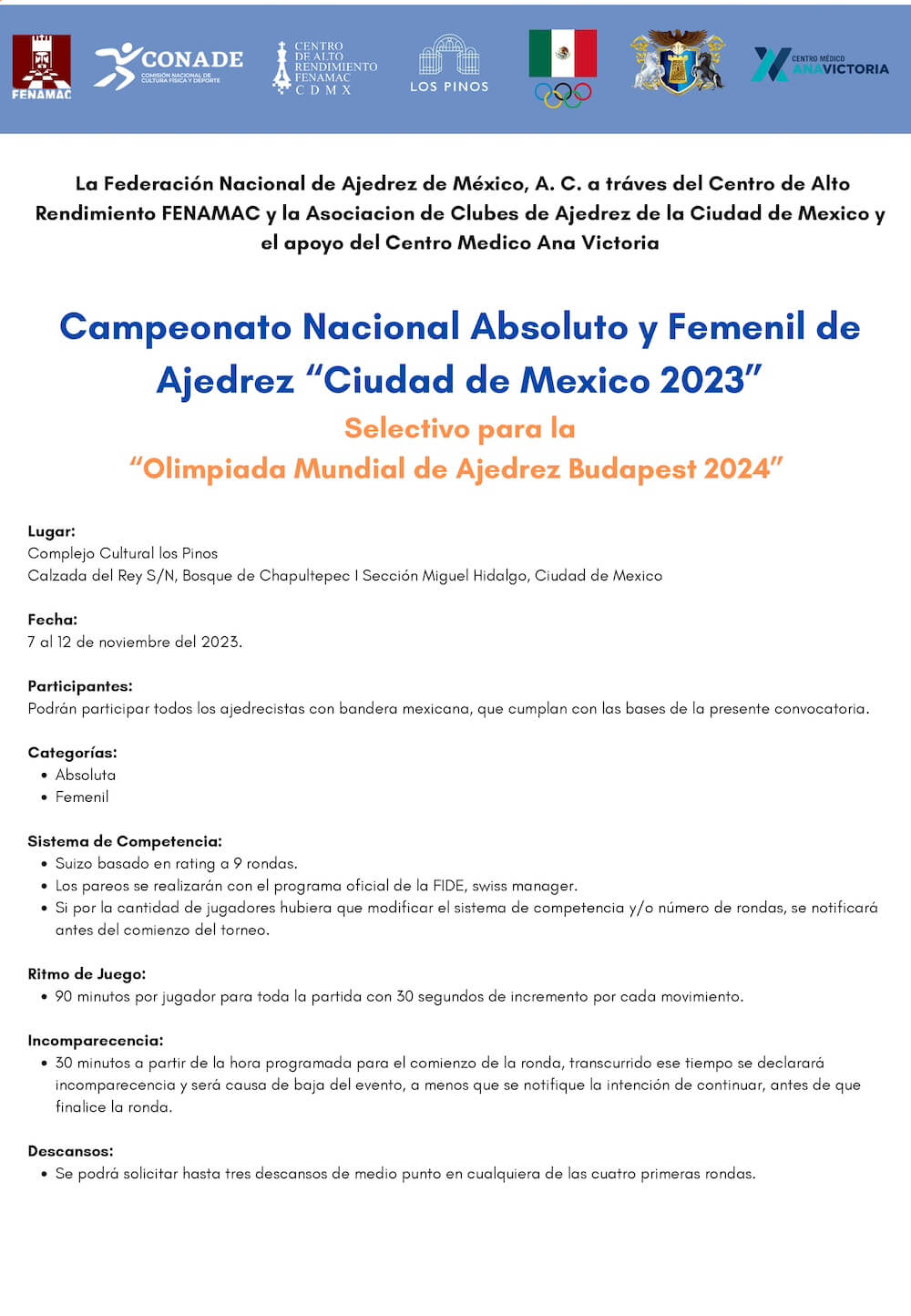 Convocatorio de  Campeonato Nacional Absoluto y Femenil de Ajedrez “Ciudad de Mexico 2023”