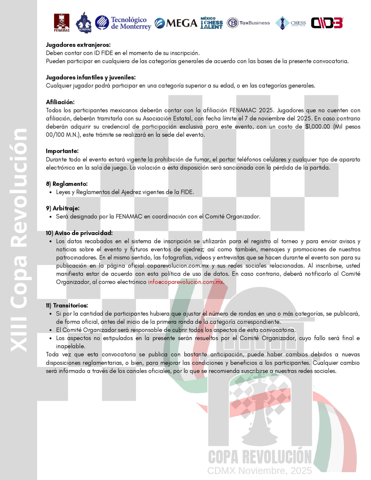 Convocatorio de XIII Torneo Internacional y Nacional de Ajedrez Copa Revolución 2025