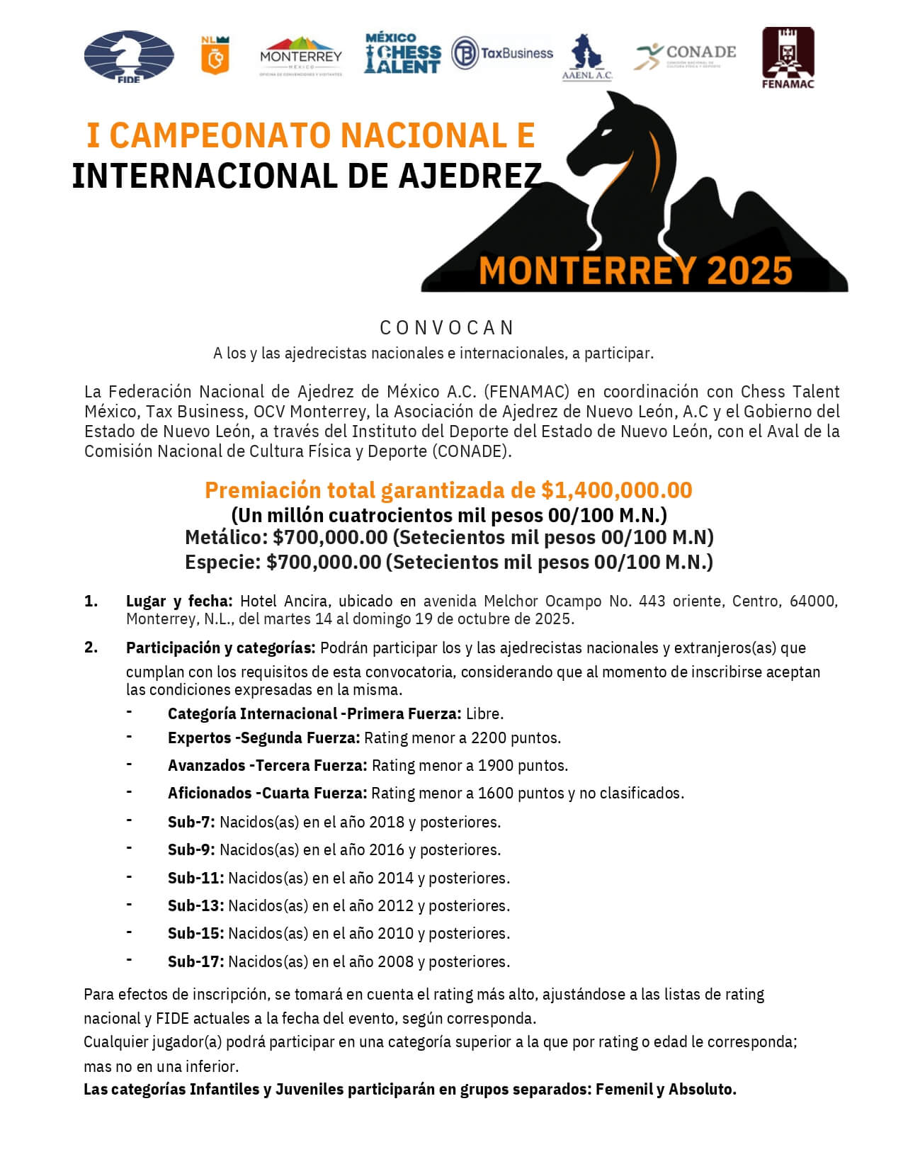 Convocatorio de I Campeonato Nacional e Internacional de Ajedrez Monterrey 2025