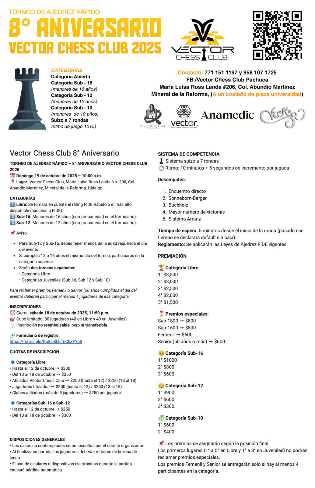 Convocatorio de Torneo de Ajedrez Rápido 8vo Aniversario Vector Chess Club 2025
