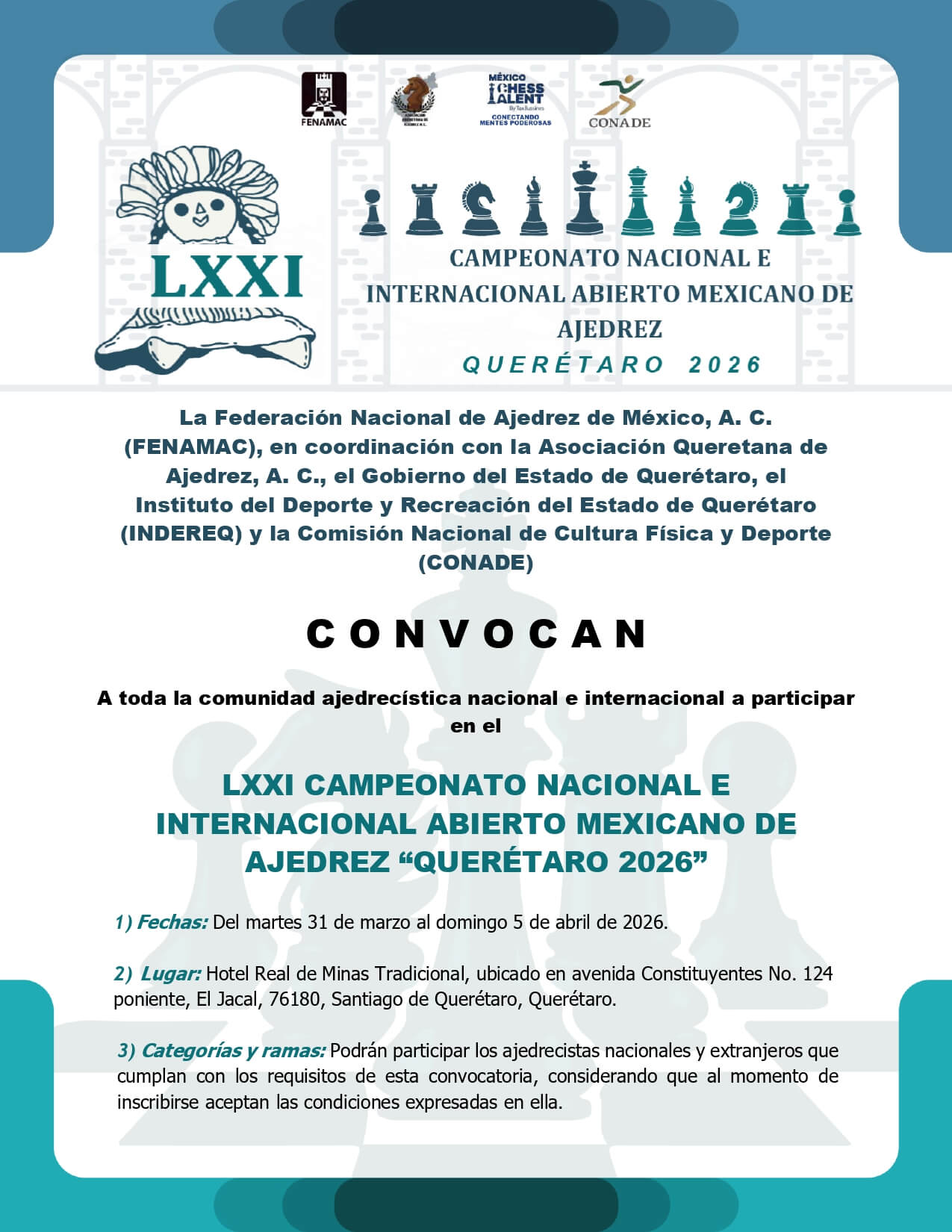 Convocatorio de LXXI Campeonato Nacional e Internacional Abierto Mexicano de Ajedrez “Querétaro 2026”