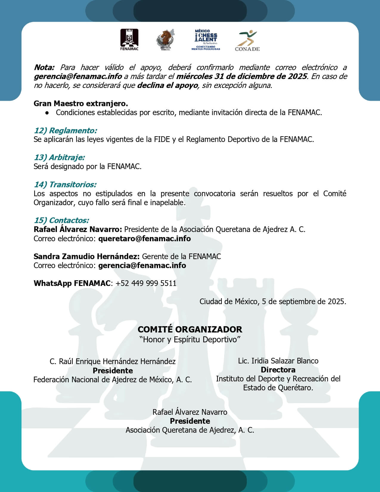 Convocatorio de  LXXI Campeonato Nacional e Internacional Abierto Mexicano de Ajedrez “Querétaro 2026”