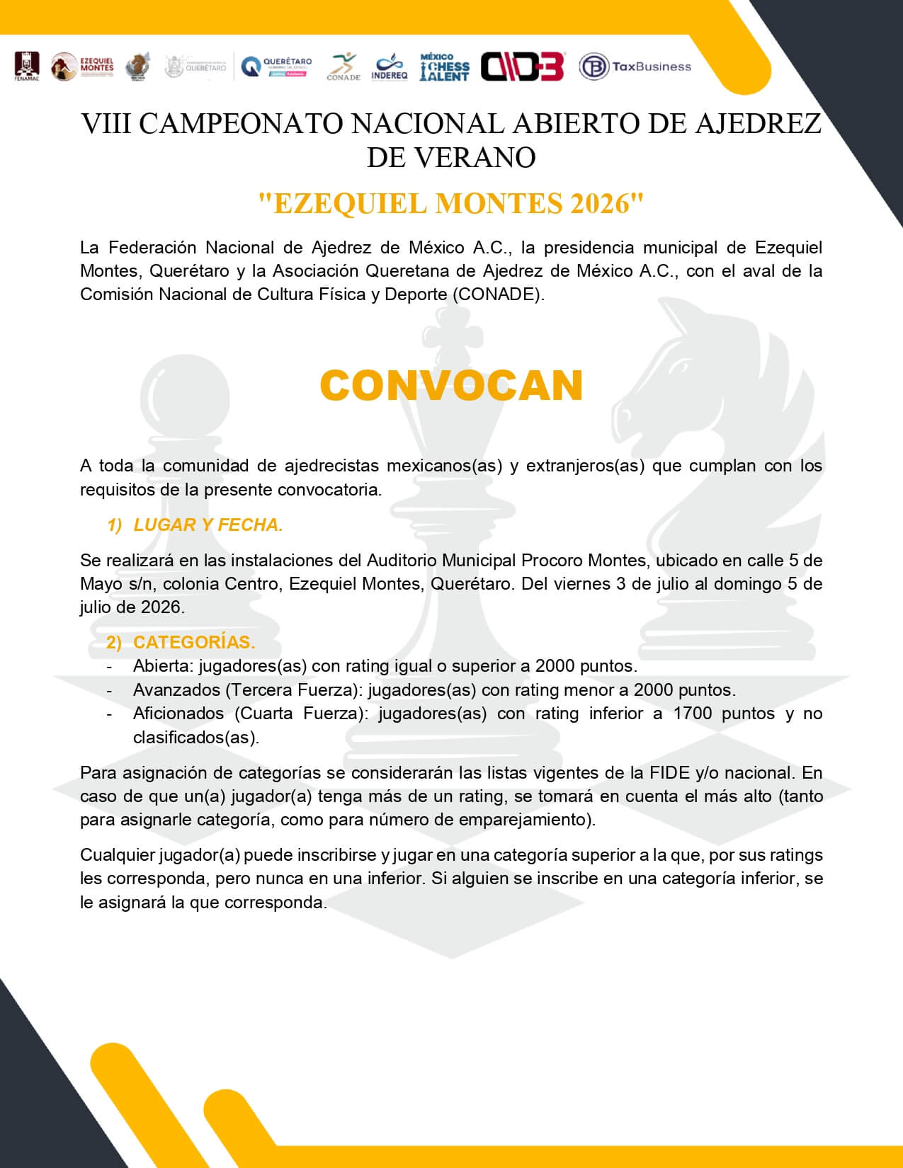 Convocatorio de  VIII Campeonato Nacional Abierto de Ajedrez de Verano “Ezequiel Montes 2026”