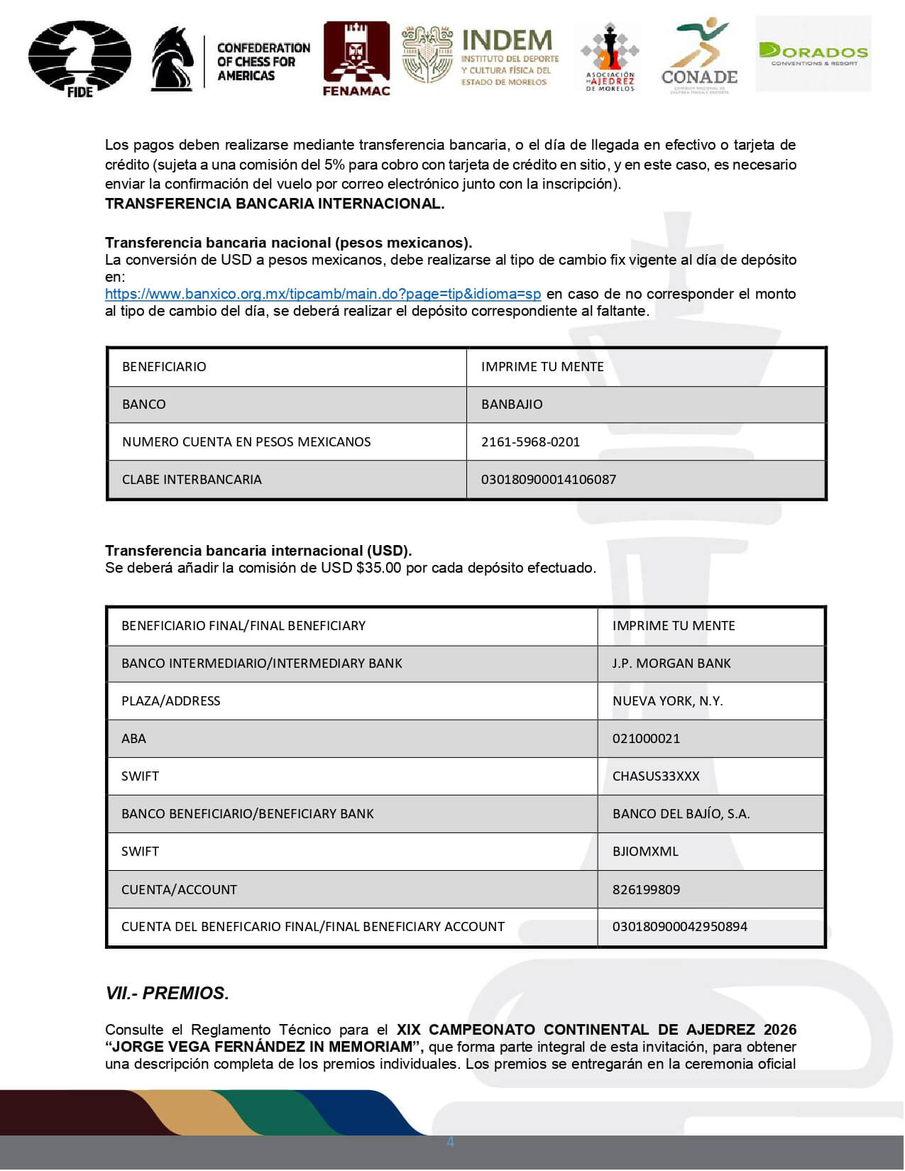 Convocatorio de XIX Campeonato Continental Absoluto de Ajedrez 2026 “Jorge Vega Fernandez In Memoriam”