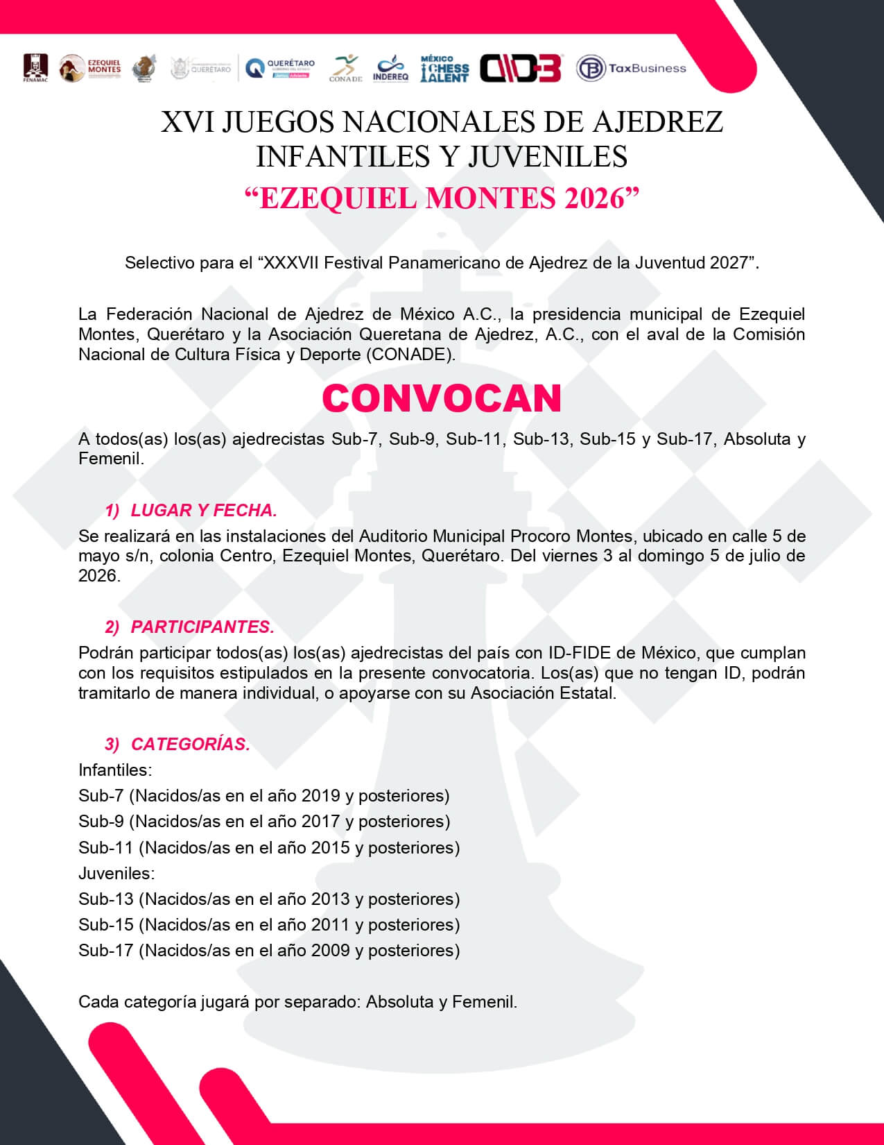 Convocatorio de XVI Juegos Nacionales de Ajedrez Infantiles y Juveniles “Ezequiel Montes 2026”