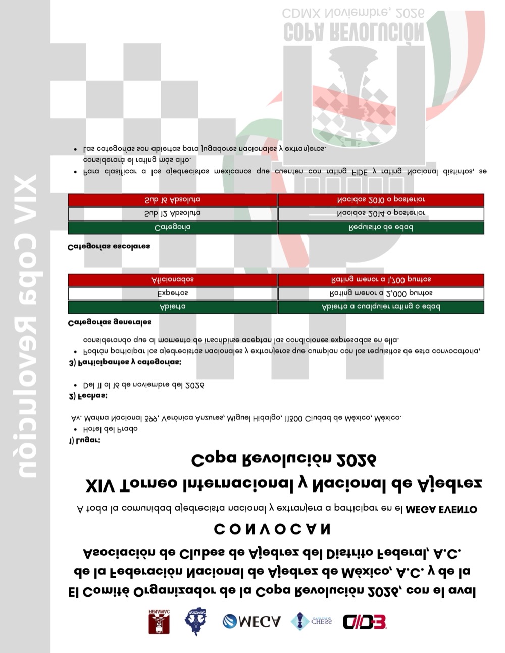 Convocatoria de XIV Torneo Internacional y Nacional de Ajedrez Copa Revolución 2026