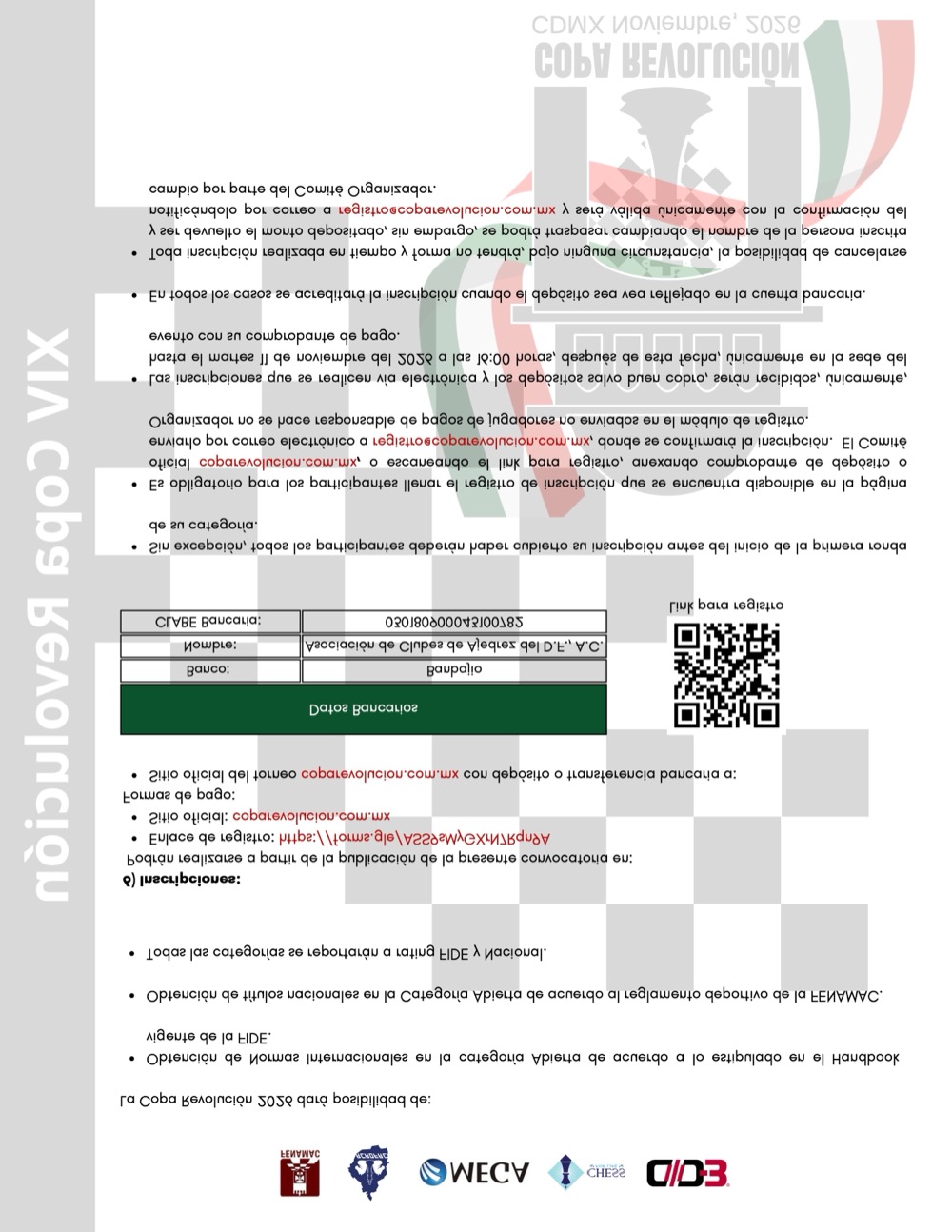Convocatoria de XIV Torneo Internacional y Nacional de Ajedrez Copa Revolución 2026