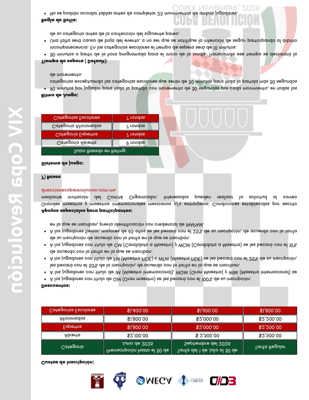 Convocatoria de XIV Torneo Internacional y Nacional de Ajedrez Copa Revolución 2026