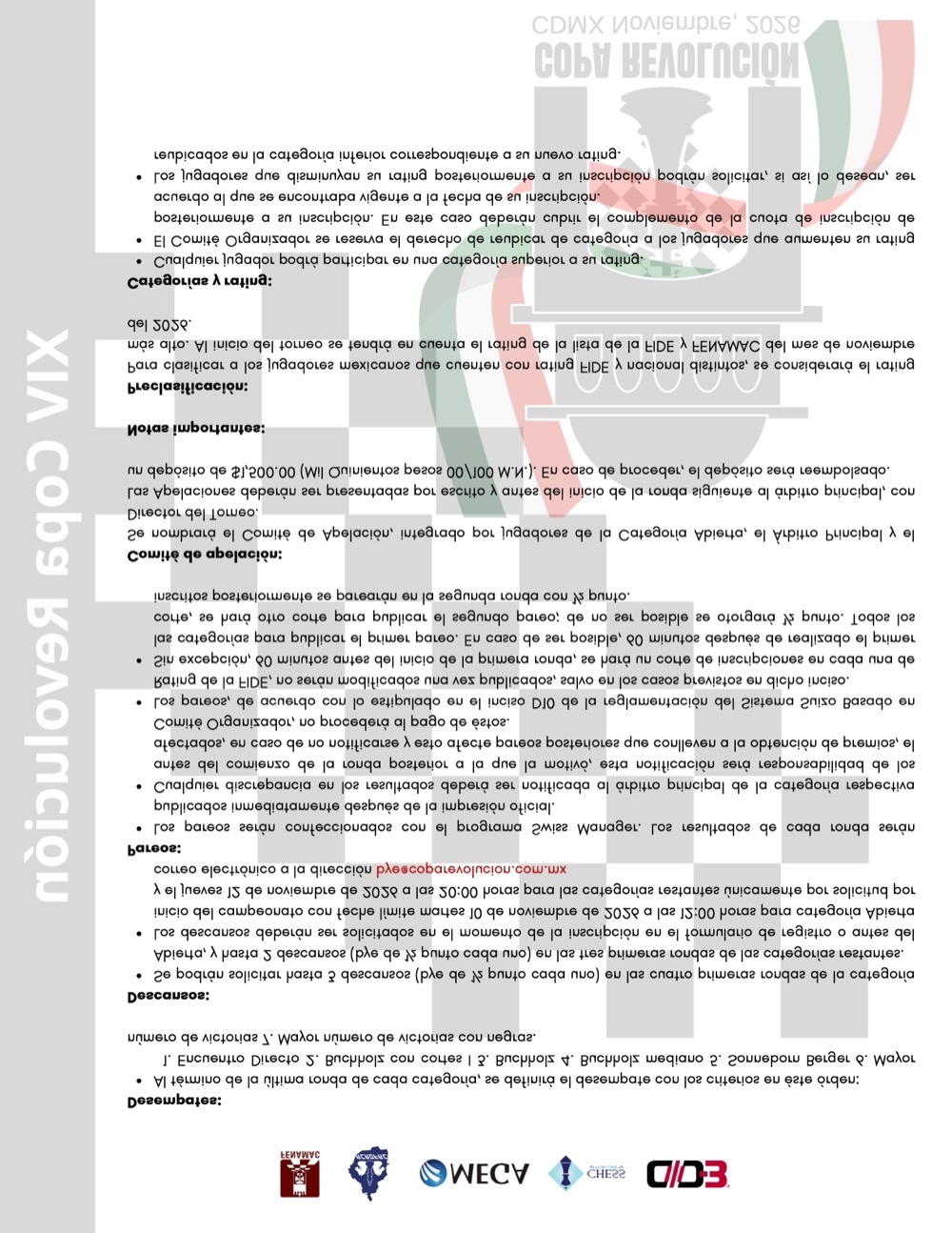 Convocatoria de XIV Torneo Internacional y Nacional de Ajedrez Copa Revolución 2026