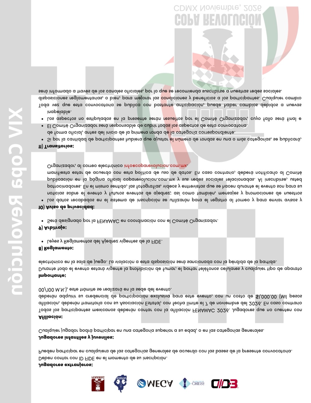 Convocatoria de XIV Torneo Internacional y Nacional de Ajedrez Copa Revolución 2026