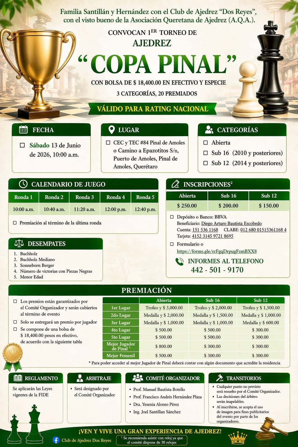 Convocatoria de 1er Torneo de Ajedrez “Copa Pinal”