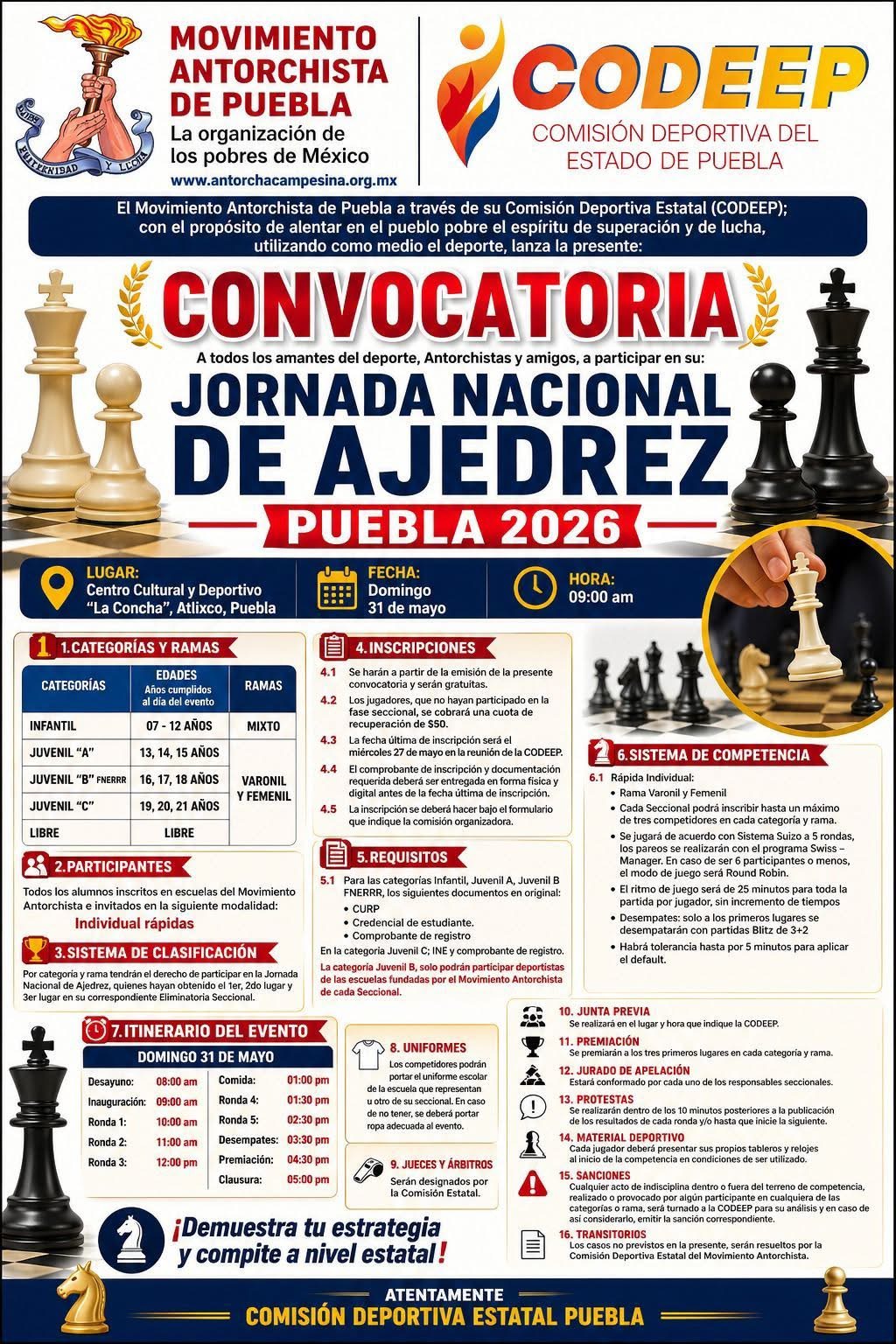 Convocatoria de Jornada Nacional de Ajedrez “Puebla 2026”