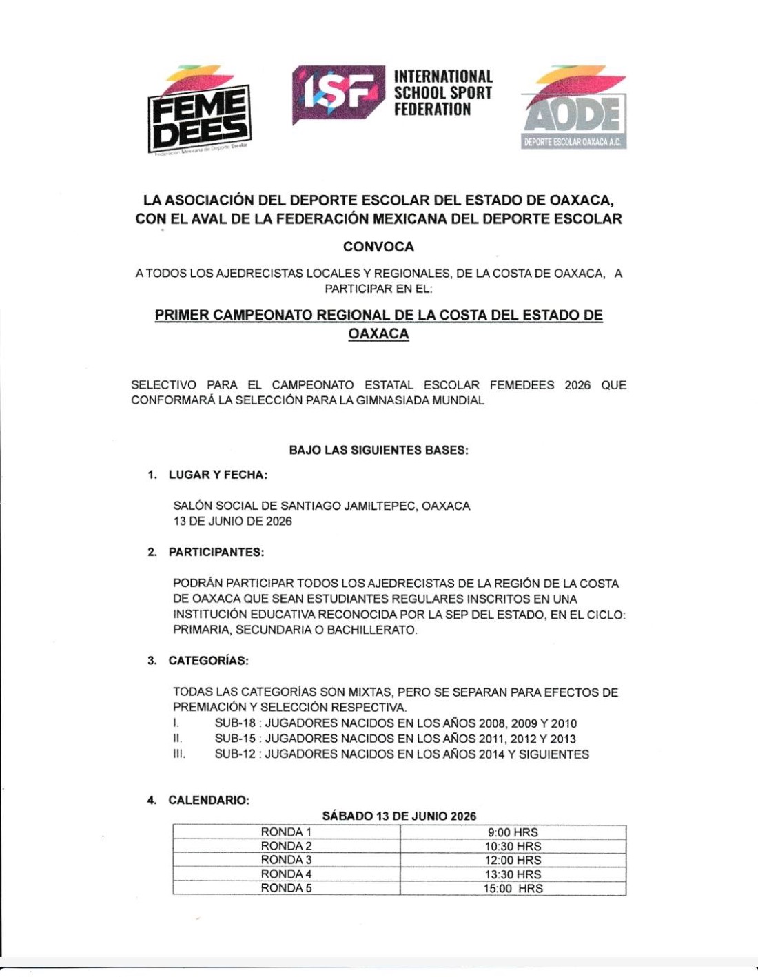 Convocatoria de Primer Campeonato Regional de la Costa del Estado de Oaxaca
