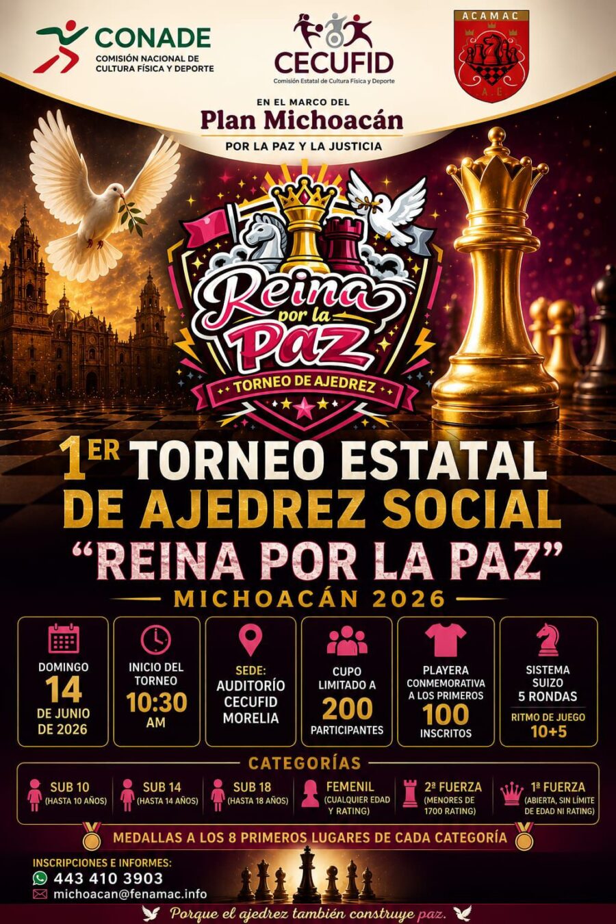 Cartel del torneo: 1er Torneo Estatal de Ajedrez Social «Reina Por La Paz» Michoacán 2026