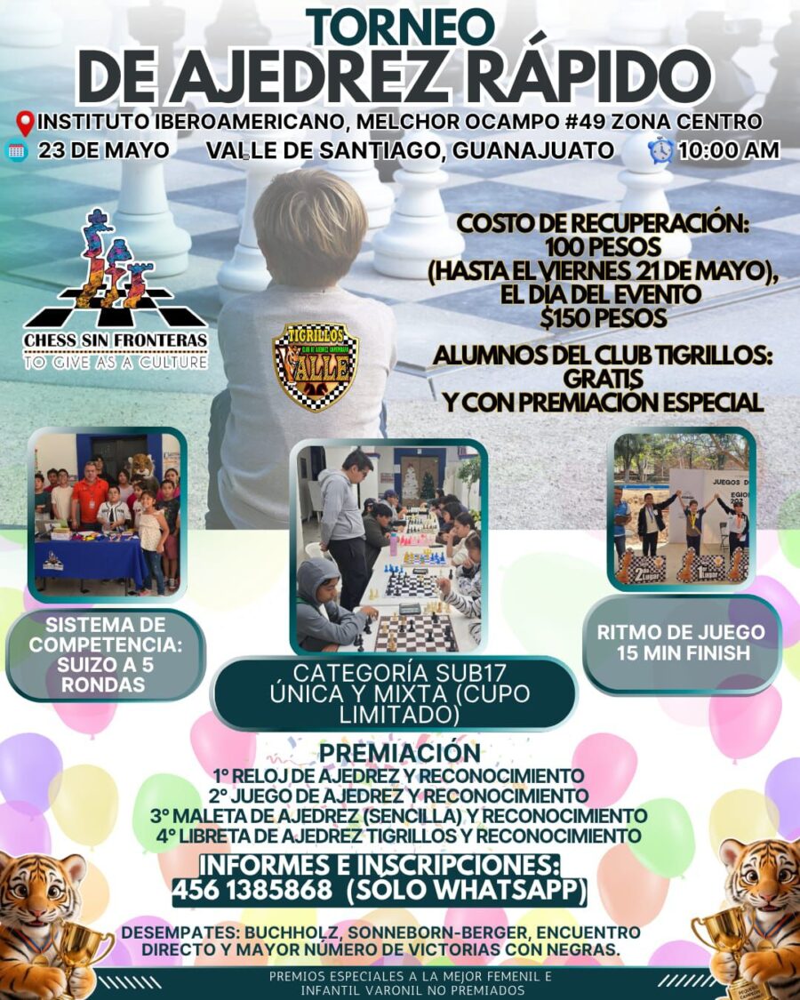Cartel del torneo: Torneo de Ajedrez Rápido — Chess Sin Fronteras × Tigrillos del Valle
