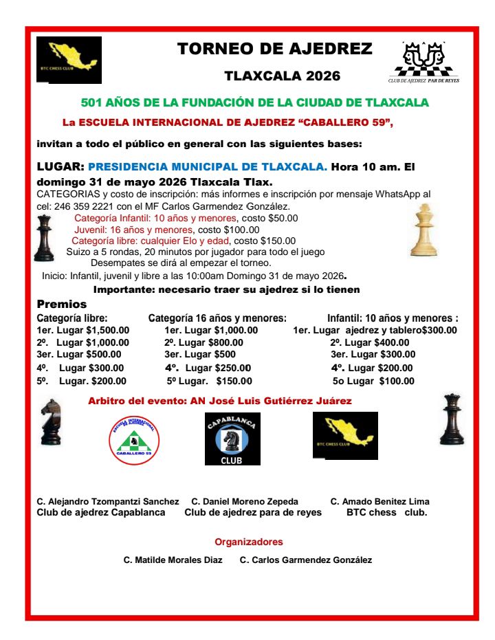 Cartel del torneo: Torneo de Ajedrez Tlaxcala 2026 — 501 años
