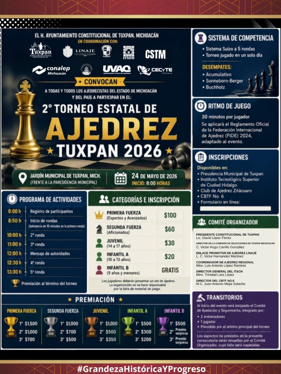 Cartel del torneo: 2° Torneo Estatal de Ajedrez Tuxpan 2026
