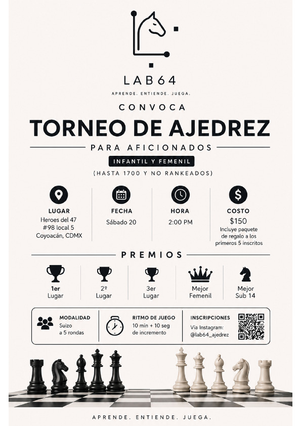 Convocatoria de Torneo de Ajedrez Lab64 — Aficionados, Infantil y Femenil (Coyoacán 2026)