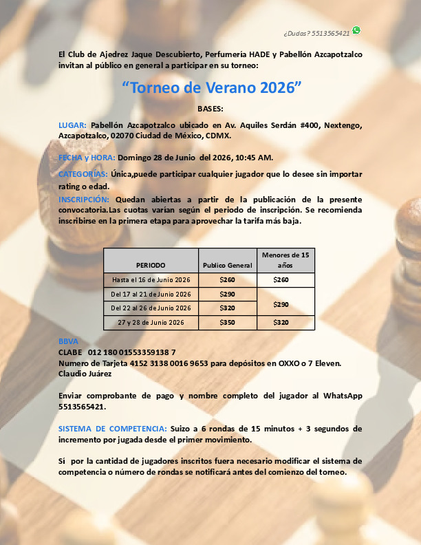 Cartel del torneo: Torneo Rapid de Verano 2026 — Pabellón Azcapotzalco