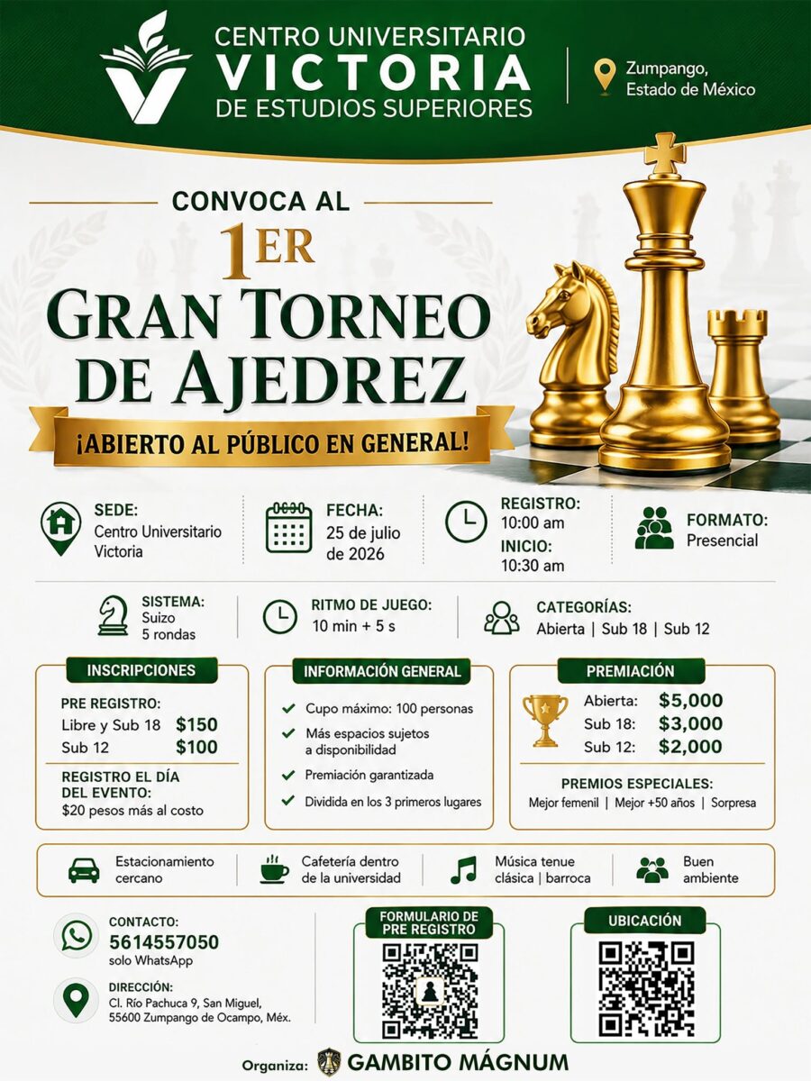 Cartel del torneo: 1er Gran Torneo de Ajedrez — Centro Universitario Victoria, Zumpango